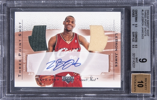 2003-04 UD Sweet Shot "Three Point Shots" #LJ-3 LeBron James Signed High School Game Jersey Patch Rookie Card (/23) – BGS MINT 9/BGS 10
